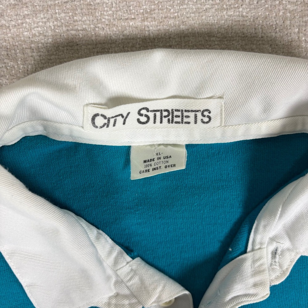 Vintage City Streets Rugby Shirt Mens XL Teal White Colorblock Stripe USA Cotton - Picture 2 of 8